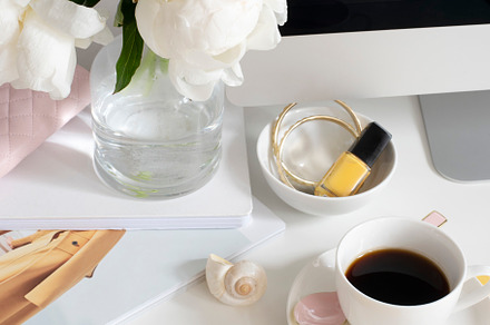 Peonies on Workspace Stock Image, a Business Photo by Her Creative Studio