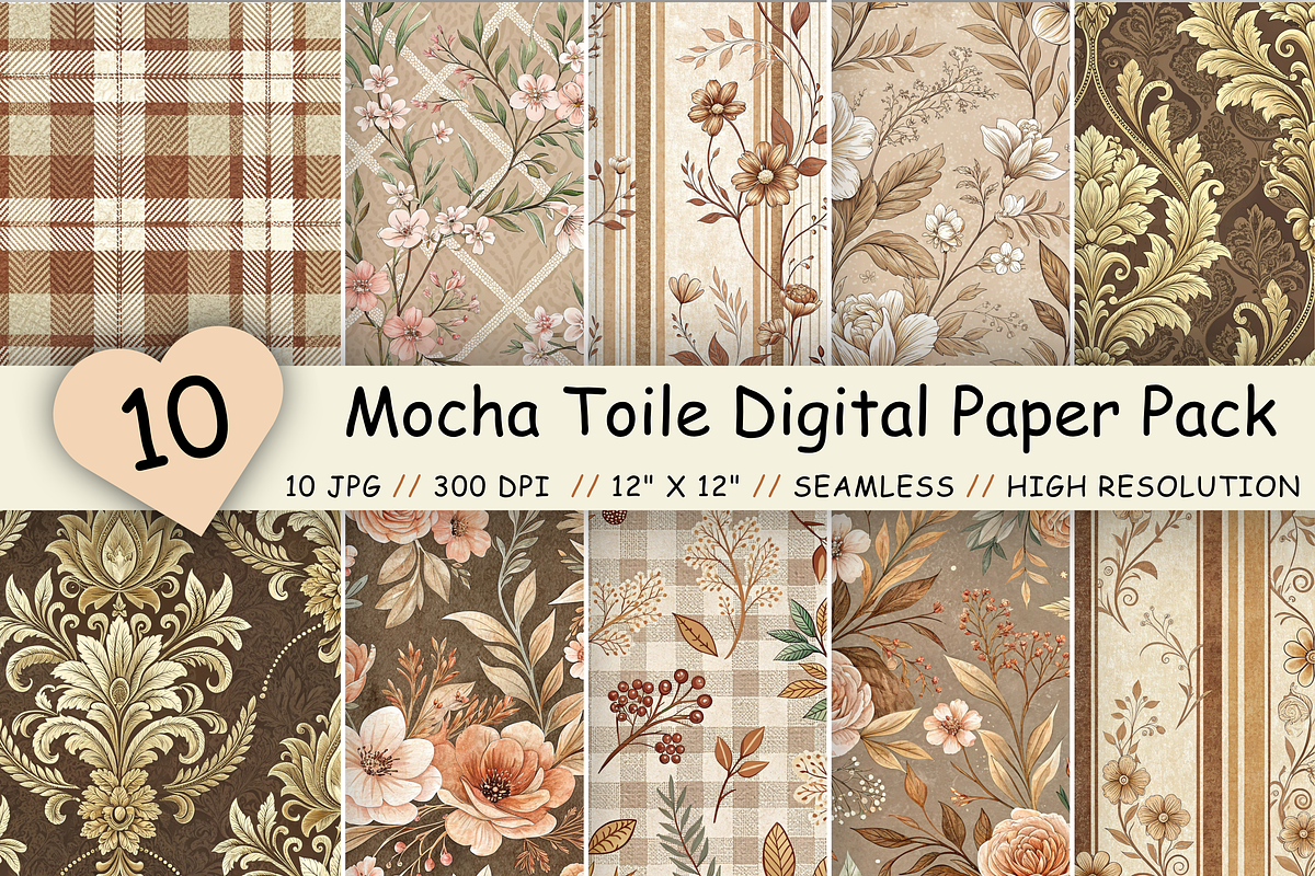 Mocha Toile Digital Paper Pack, a Pattern Graphic by FloridPrintables (Photo 1 of 10)