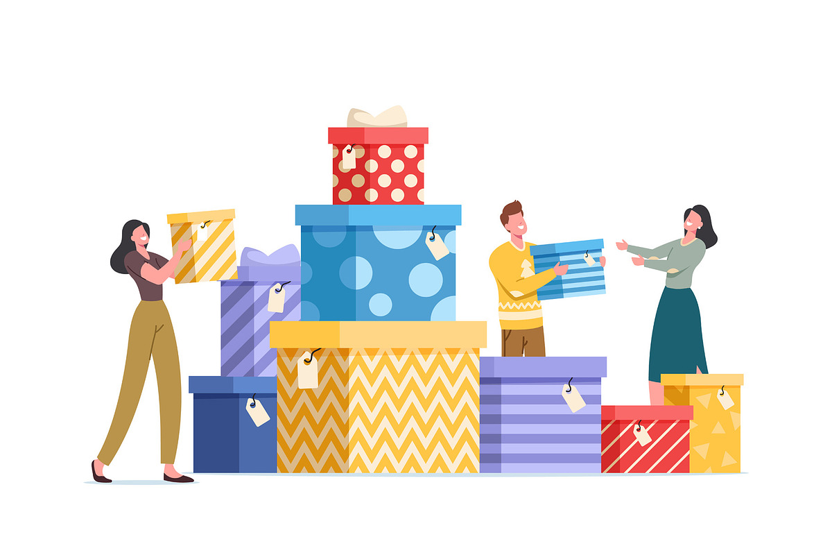 Happy People Carry Gift Boxes, a Person Illustration by Double Bubble