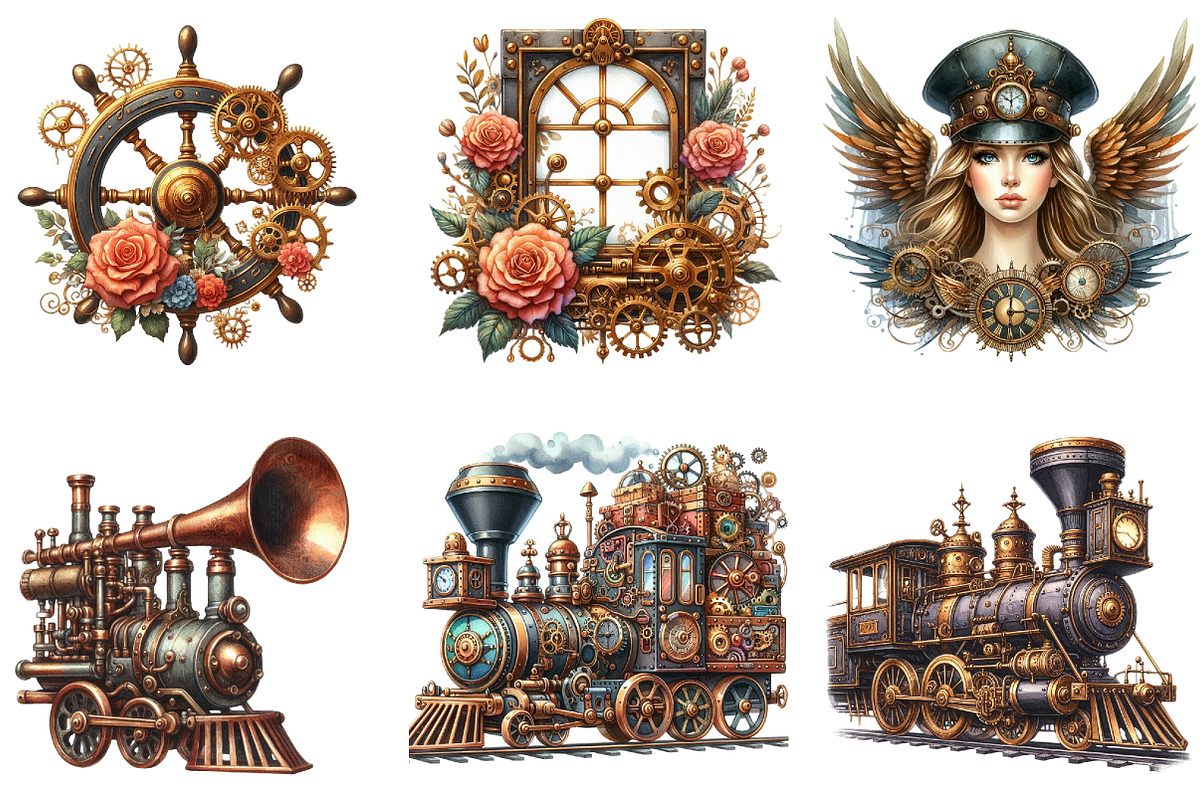 Watercolor Vector Steampunk Trains, a Seasonal Illustration by DreamArtGraphic (Photo 4 of 4)