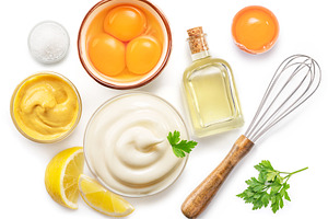 Homemade mayonnaise and mayo ingredients on white background., a Food & Drink Photo by Volff