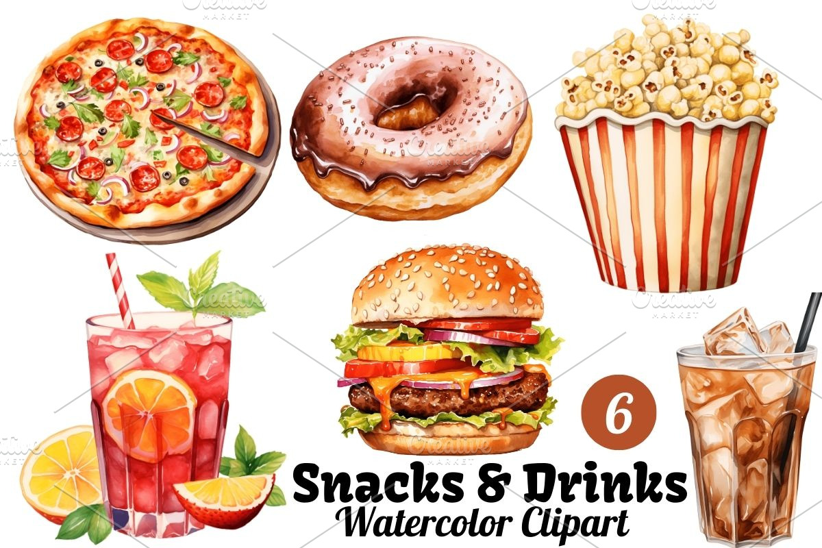 Watercolor Snacks & Drinks Clipart, a Food Illustration by Gloria Designed It (Photo 1 of 6)