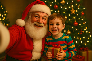 Santa Claus takes a joyful Christmas selfie with smiling child, a Holiday Photo by GoodGoods