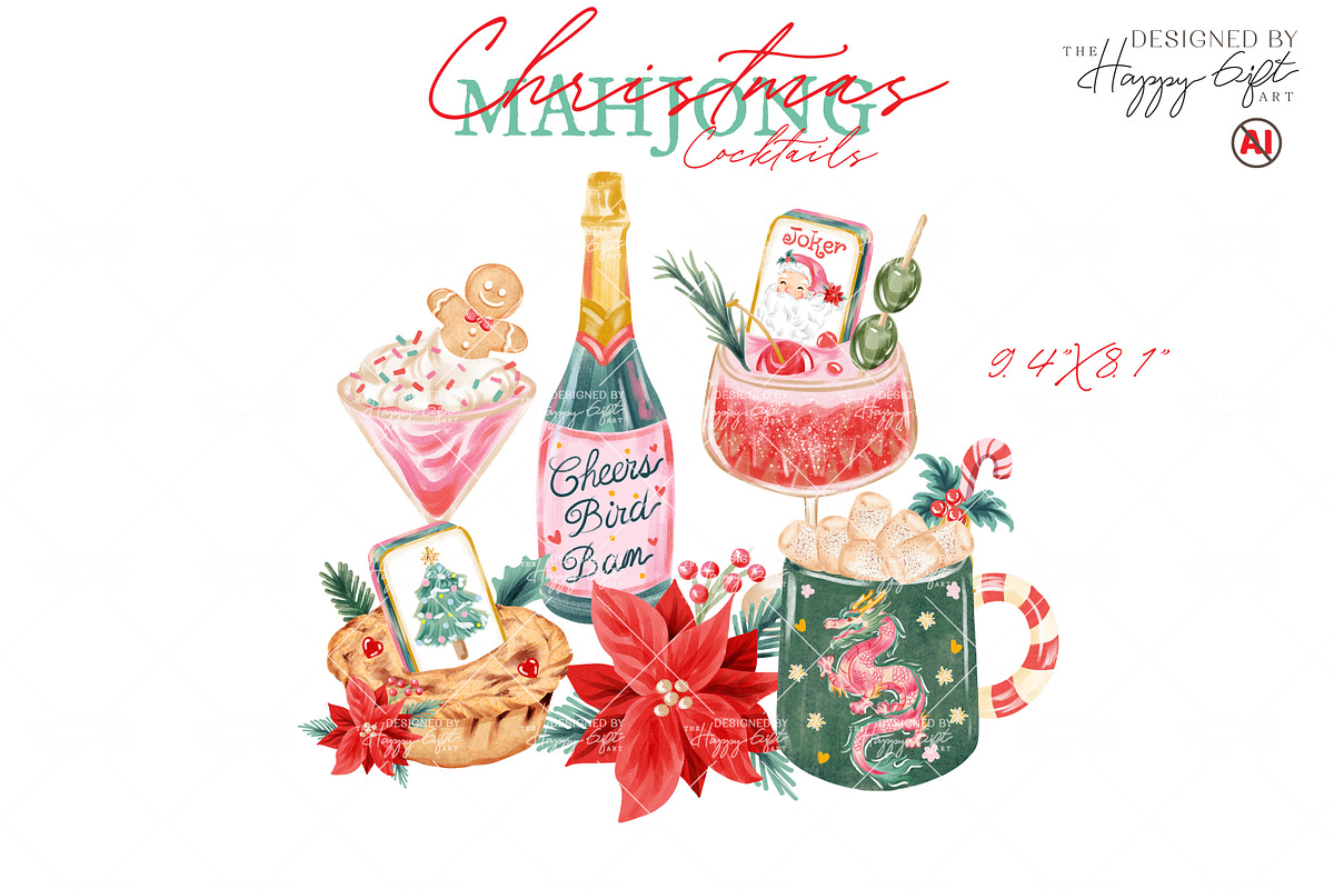 Christmas Mahjong Cocktails, a Decorative Illustration by TheHappyGiftArt (Photo 4 of 10)