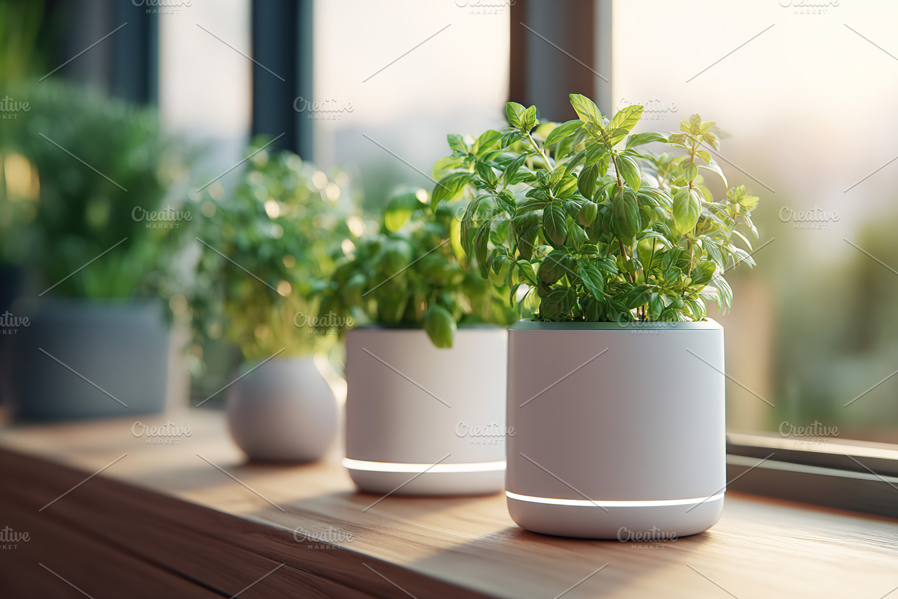 Smart pot for indoor herb gardening with vibrant greenery by a sunlit window, a Photo by AlyaAnd