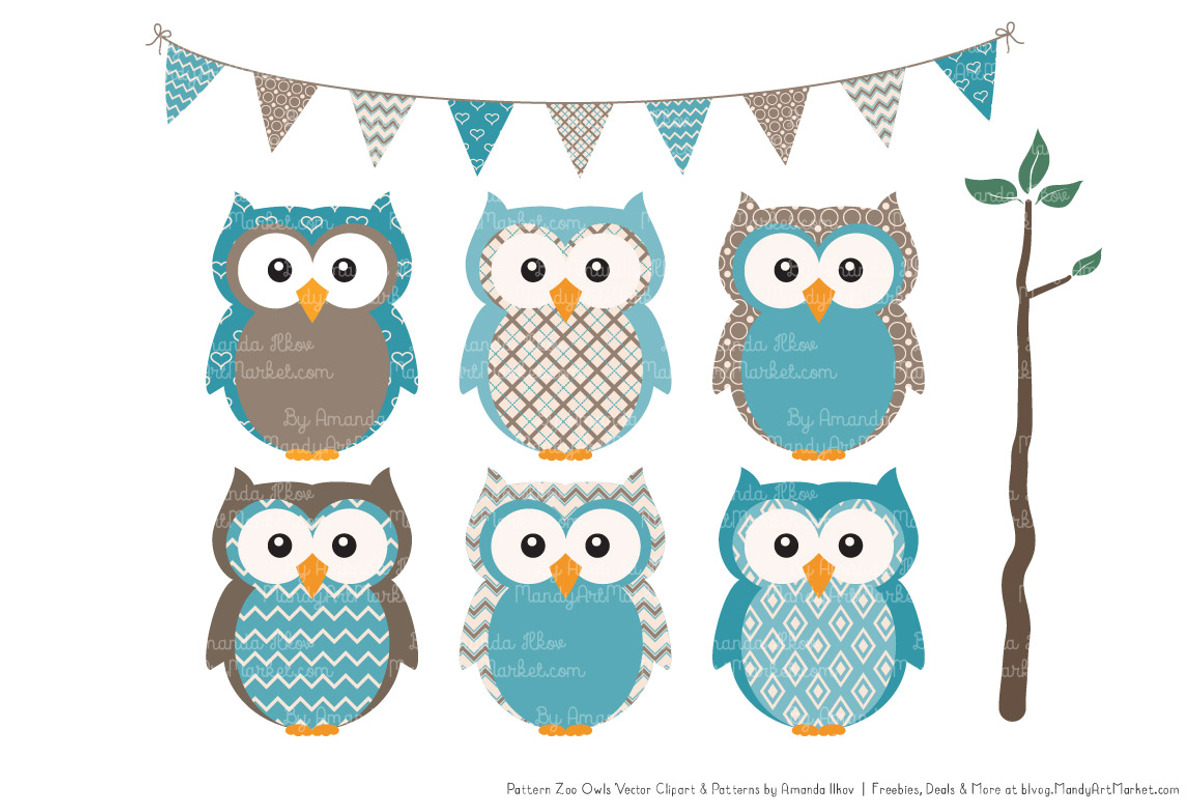 Vintage Blue Owl Clipart & Patterns, an Animal Illustration by Amanda Ilkov (Photo 2 of 4)
