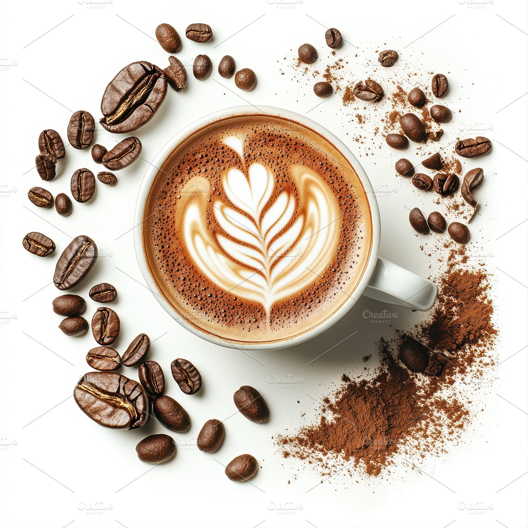 Latte art coffee cup beans and groun, a Food & Drink Photo by Pixeness Studio