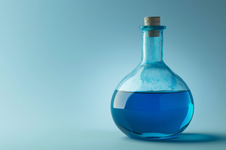 A blue glass flask rests on a smooth, a Photo by Tanuart