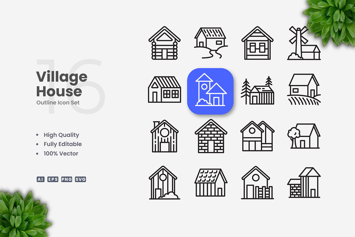 Village House Outline Icons, an Outline Icon by Upnowgraphic