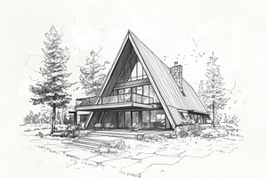 A modern A-Frame house style design with large glass windows, a sloped roof, an, an Architecture Photo by Textures & Backgrounds