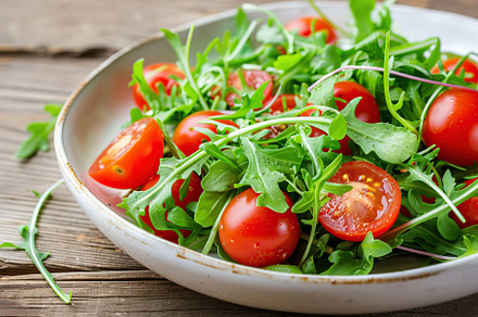 Fresh salad with microgreen, arugula and tomatoes in plate on wooden table, a Food & Drink Photo by AlyaAnd