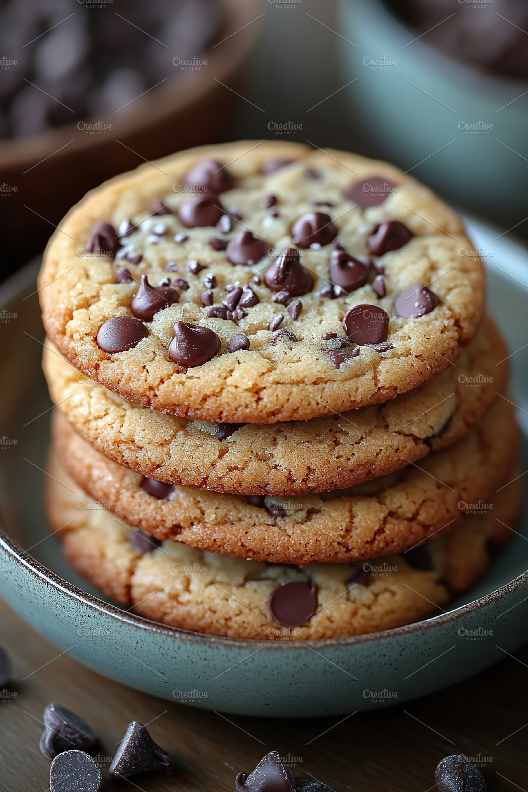 Delicious brown chocolate chip cookies stacked on a ceramic plate await a sweet, a Food & Drink Photo by AlyaAnd