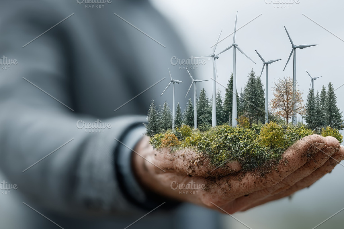 Hand holding miniature wind farm surrounded by lush green forest, an Illustration by AS photostudio