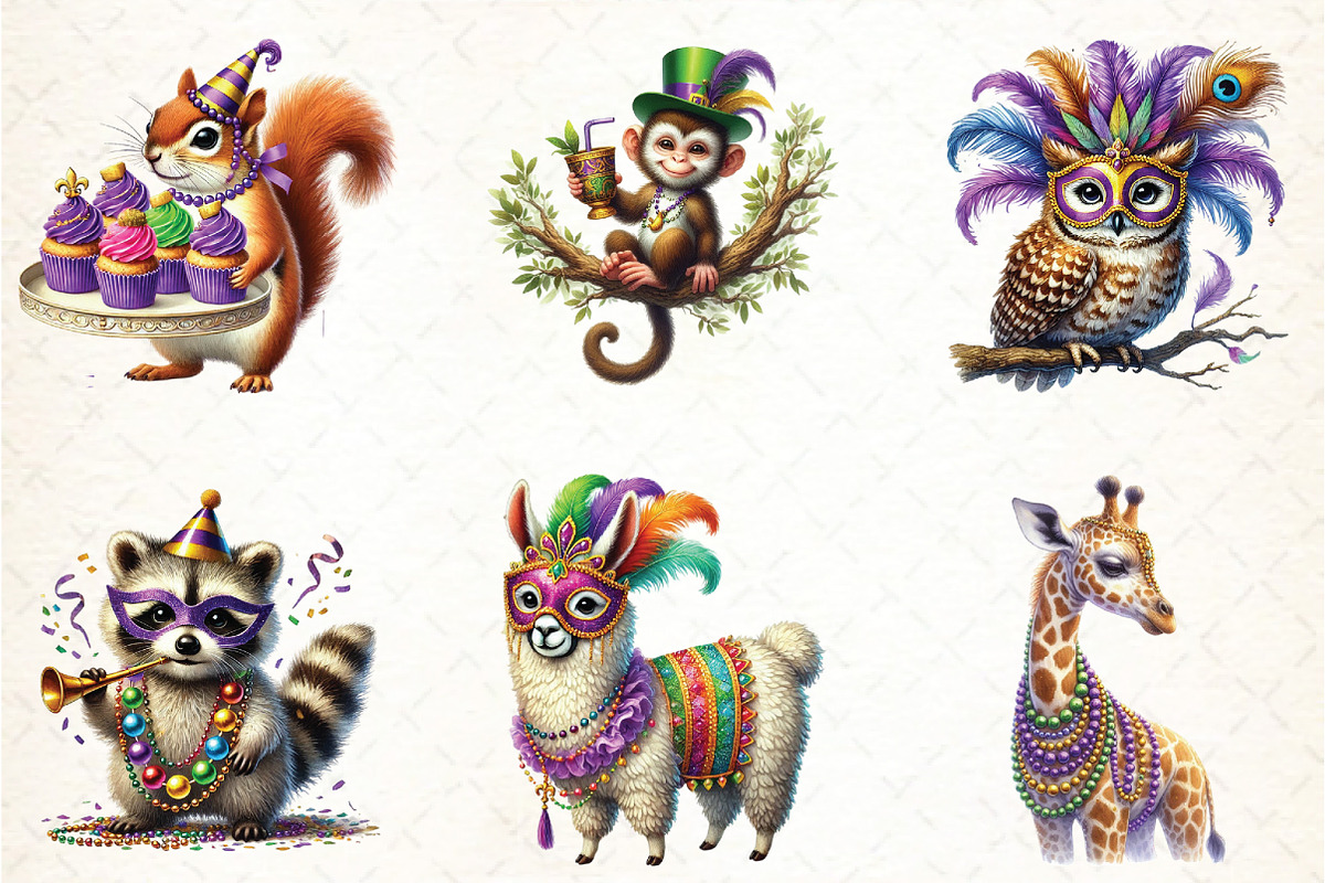 Watercolor Mardi Gras Animal Clipart, an Illustration by DreamCafeArt (Photo 3 of 3)
