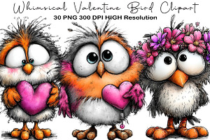 Whimsical Valentine Bird Clipart, an Illustration by Black Bird Studio