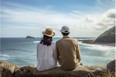 Serene Asian couple watch sea banner, a Person Photo by Ylivdesign