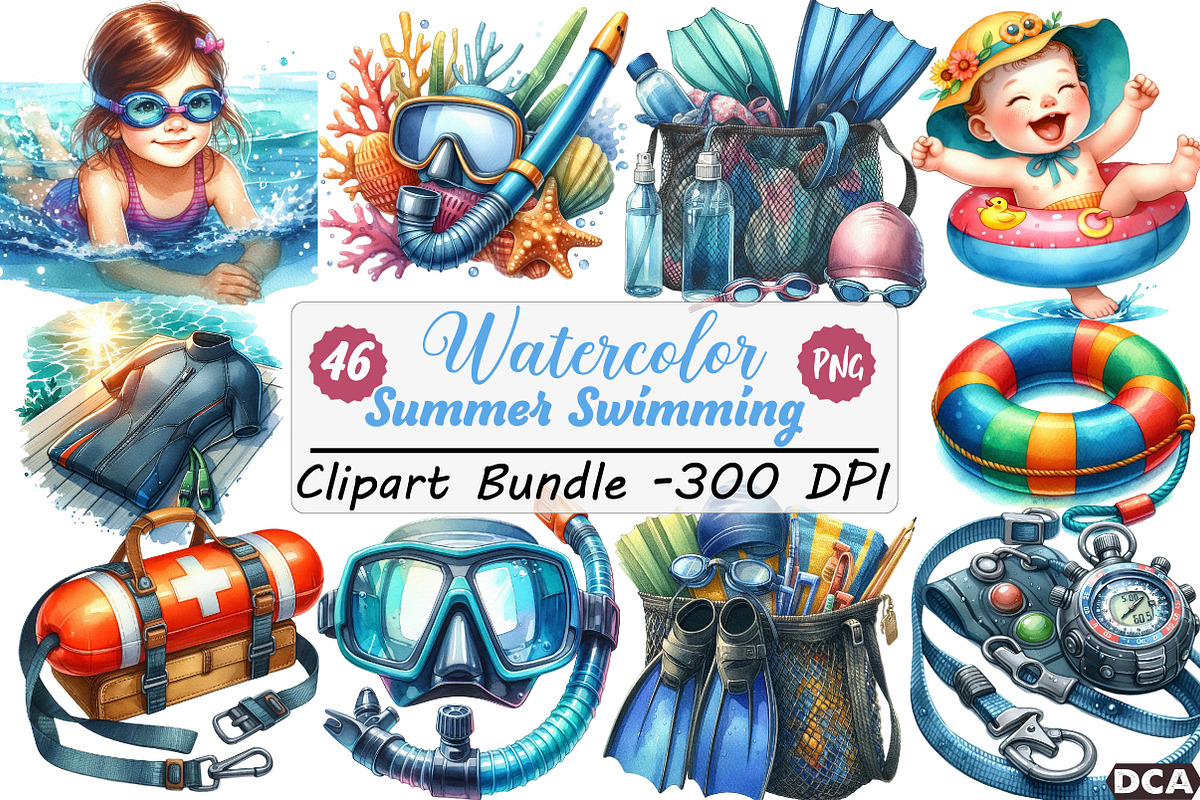 Watercolor Summer Swimming Clipart, an Illustration by DreamCafeArt (Photo 1 of 6)