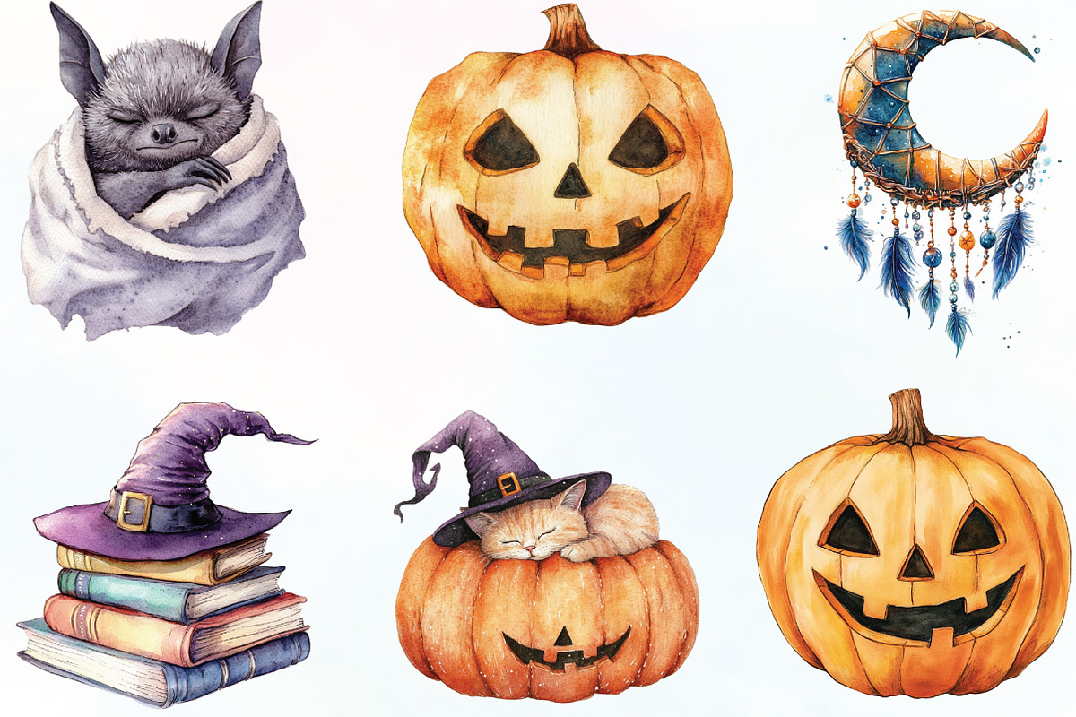 Watercolor Cozy Halloween Clipart, an Illustration by CraftArtStudio (Photo 3 of 6)