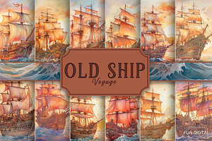 Watercolor Old Ship Voyage