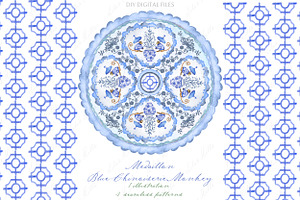 Blue Chinoiserie Monkey Medallion, an Education Illustration by LABFcreations