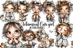Whimsical Cute girl clipart, an Illustration by DreamArtGraphic
