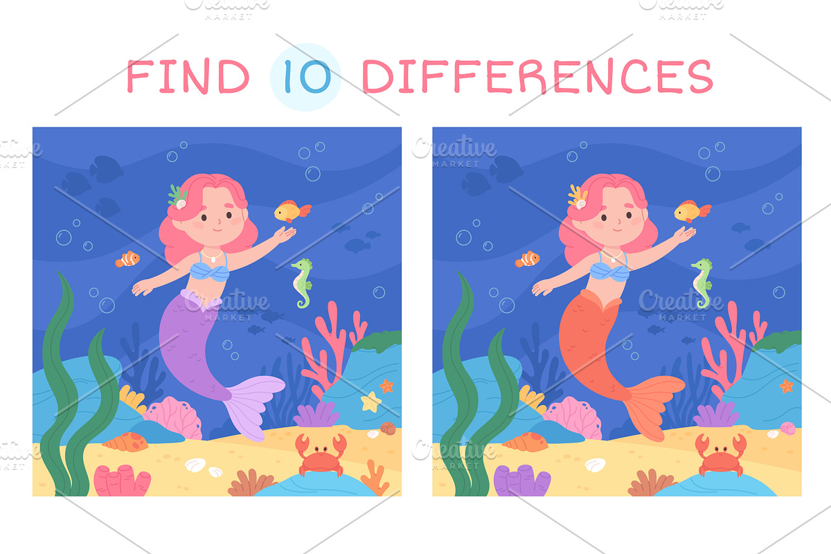 Mermaid find differences game, an Education Illustration by LadadikArt