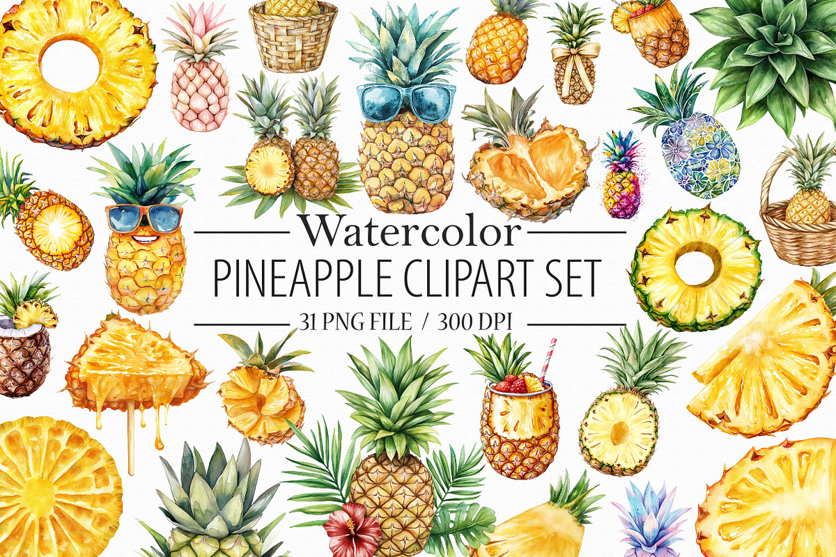 Pineapple watercolor clipart set, an Illustration by Libby Wishes (Photo 1 of 7)