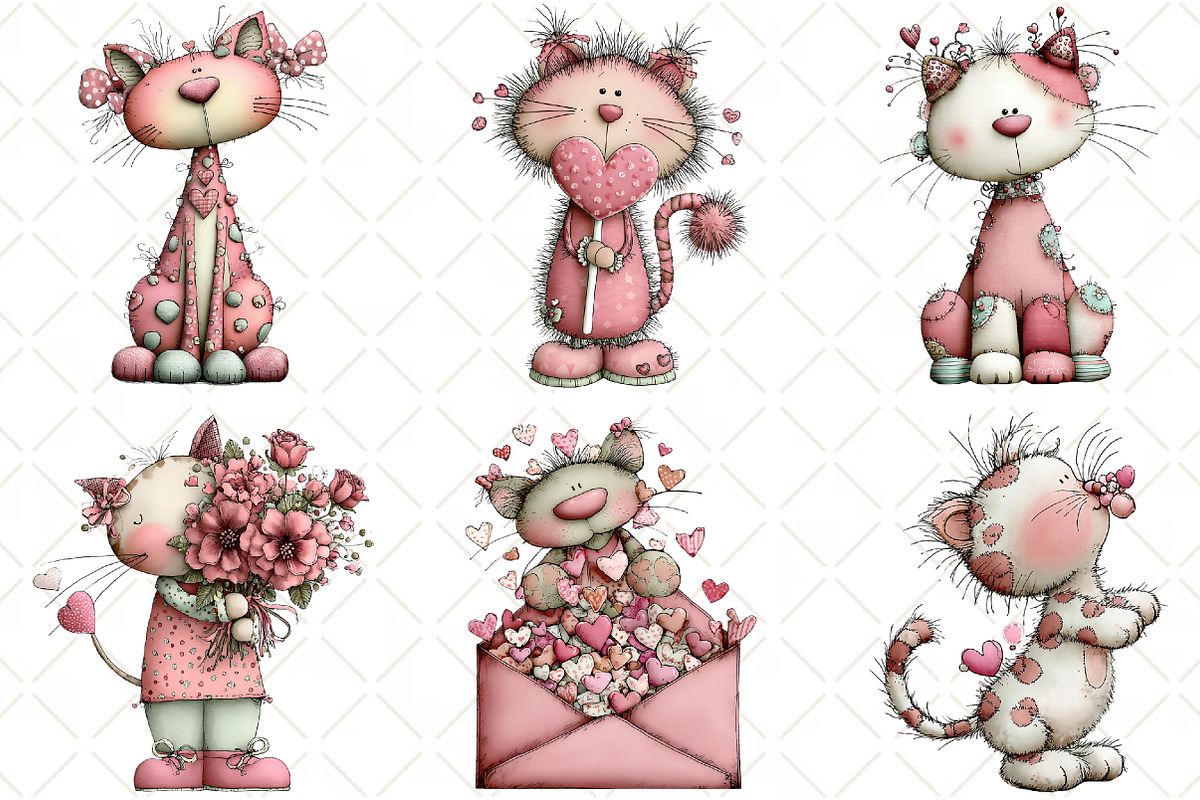 Whimsical Cats Valentines Day Clipar, an Illustration by Black Bird Studio (Photo 3 of 6)