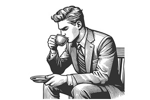 man drinking hot coffee engraving, a Person Illustration by AlexArt
