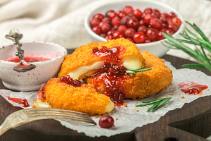 Baked or fried camembert containing appetizer, baked, and brie