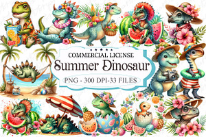 Summer Dinosaur Watercolor Clipart, a Graphic by designcity5
