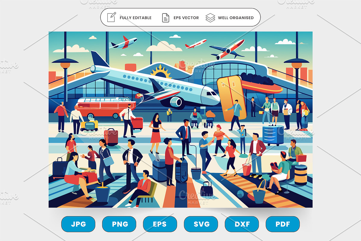 Illustration of people in an airport, a Graphic by SaroStock
