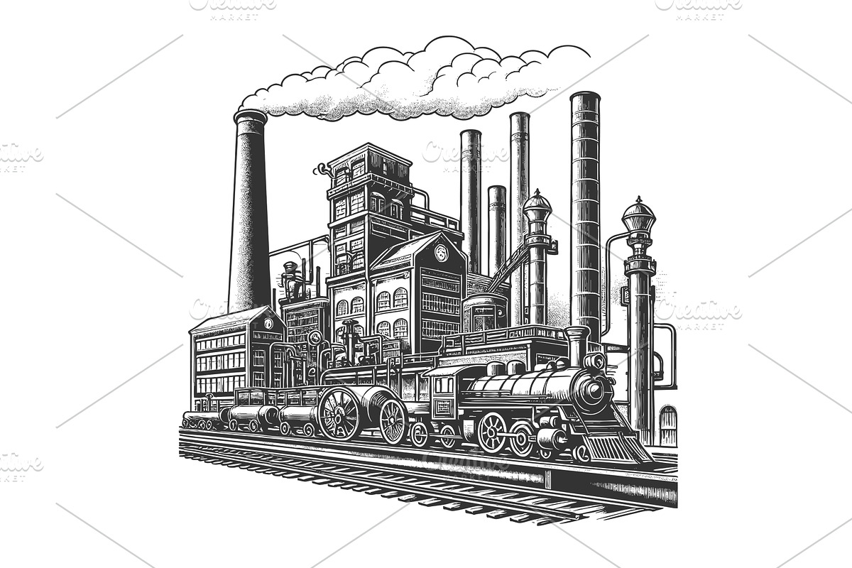 Industrial Factory with Steam Train, an Illustration by AlexArt