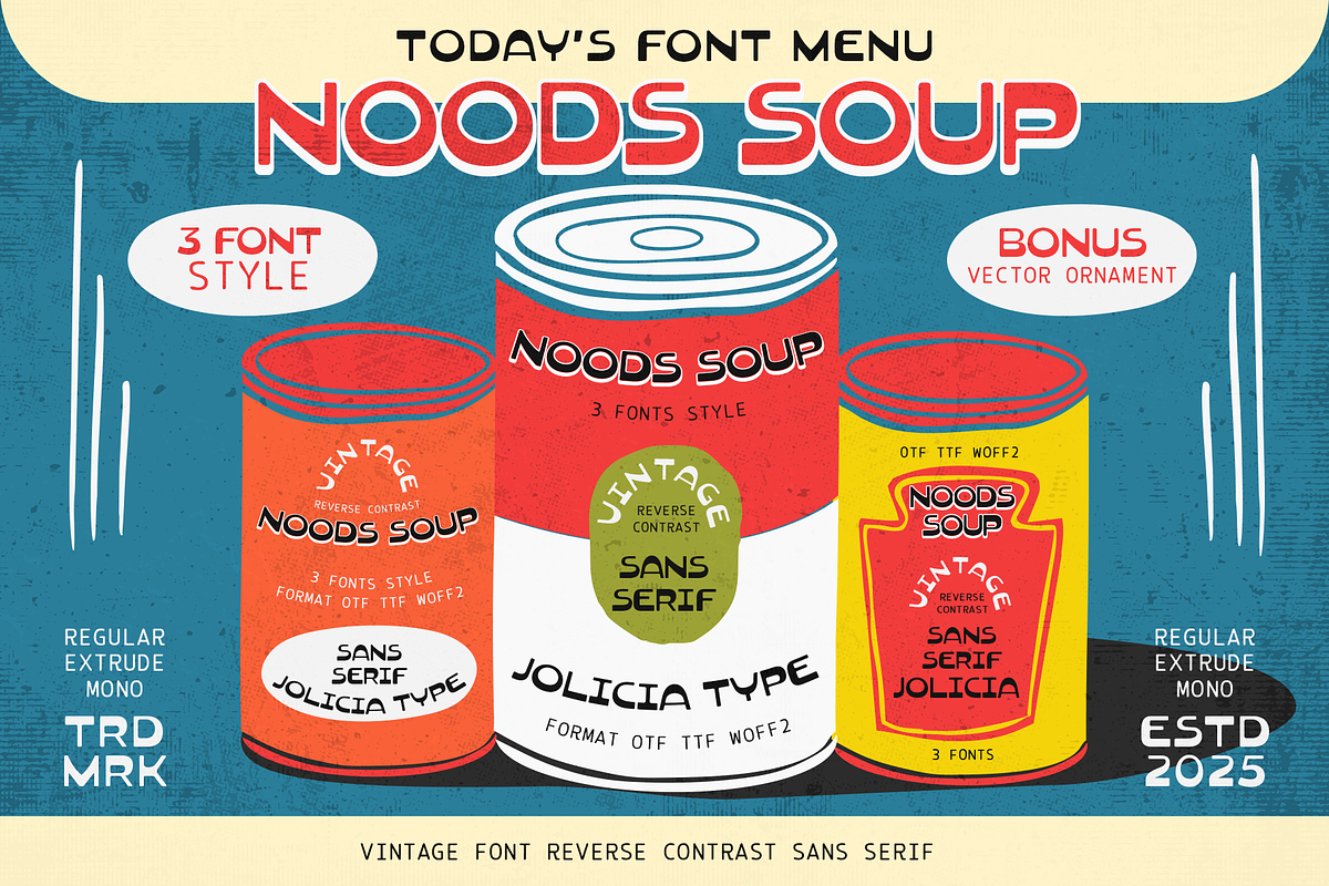 Noods Soup | Retro Vintage Typeface, a Sans Serif Font by Jolicia Type (Photo 1 of 14)