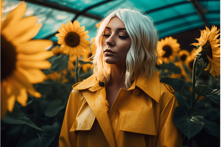 Bright woman among yellow sunflowers, a Nature Photo by Ylivdesign