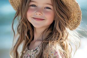 Young girl enjoys a sunny day at the beach wearing a straw hat a, a Person Photo by AlyaAnd