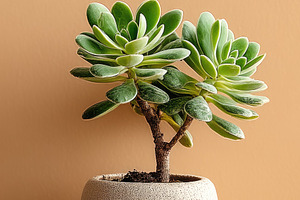 Small Succulent Tree in Ceramic Pot on Warm Wooden Table, a Background Photo by José Manuel Gelpi