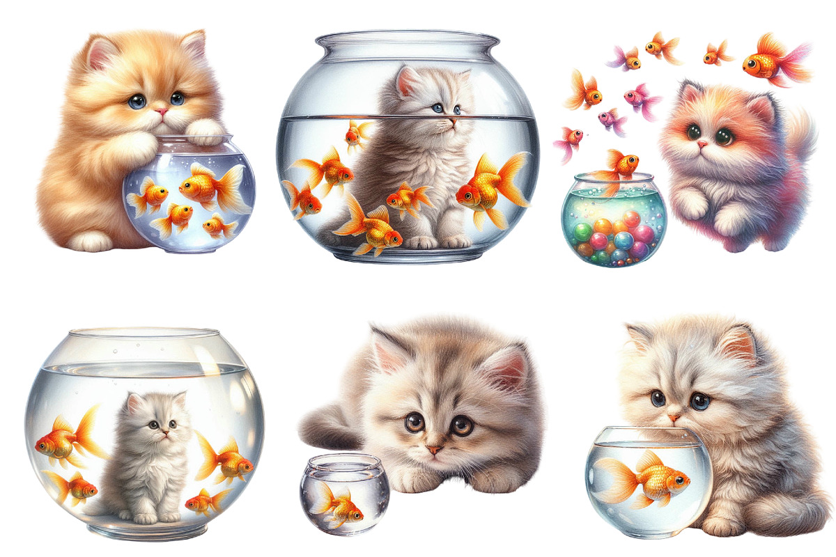 Watercolor Cat and Goldfish Clipart, an Illustration by Designworld (Photo 3 of 3)