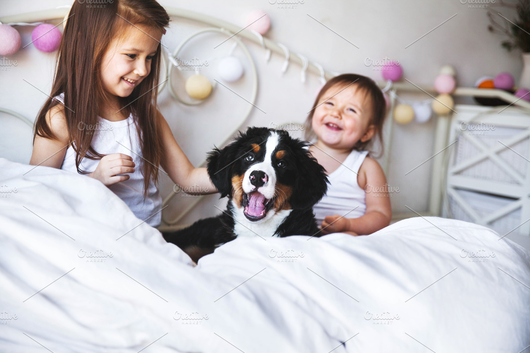 Little girls in the bed puppy stock photo containing girls and family, a Person Photo by OS