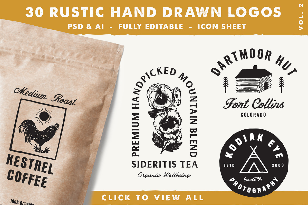 30 Rustic Hand Drawn Logos Vol 2, a Branding & Logo Template by Design Surplus (Photo 1 of 5)