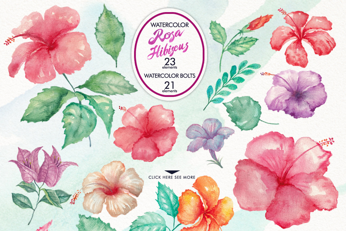 Watercolor Hibiscus Flowers, a Decorative Illustration by Graphobia (Photo 2 of 9)