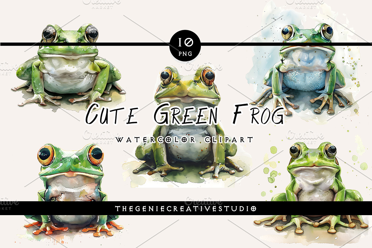Cute Green Frog PNG Clip Art Set, an Animal Illustration by Geniecreativestudio (Photo 1 of 9)