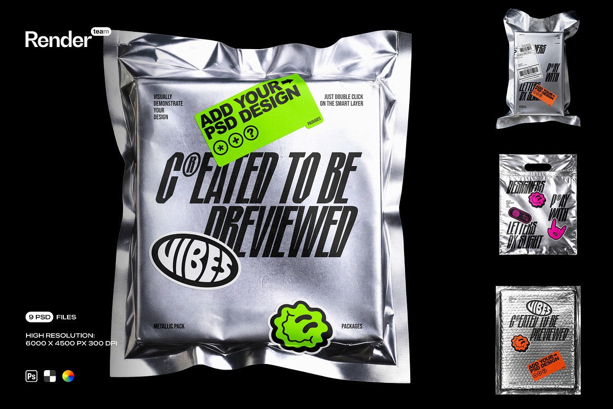 Metallic Foil Bag Mockup Set, a Packaging Mockup by Renderteam (Photo 1 of 22)
