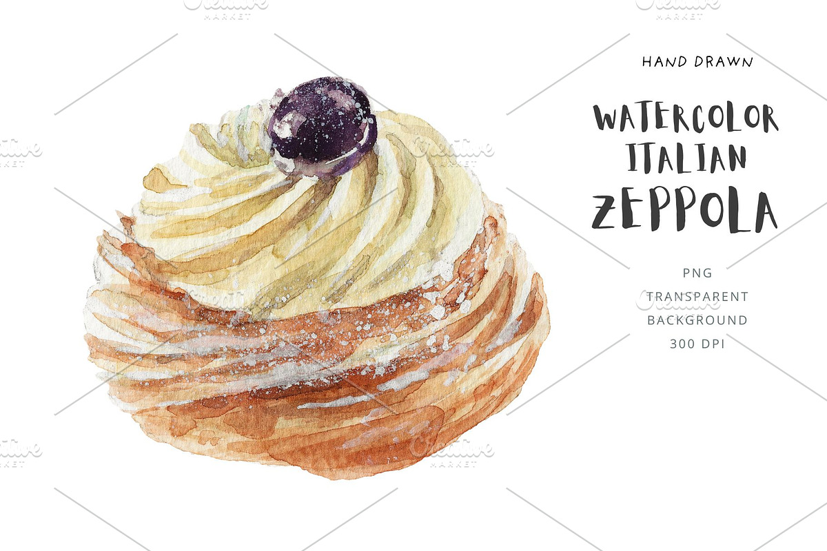 Watercolor Zeppola St Joseph Pastry, a Food Illustration by Kolorata Art (Photo 1 of 3)