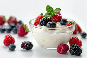 Bowl with white yogurt and ripe berries on white background, a Food & Drink Photo by AlyaAnd