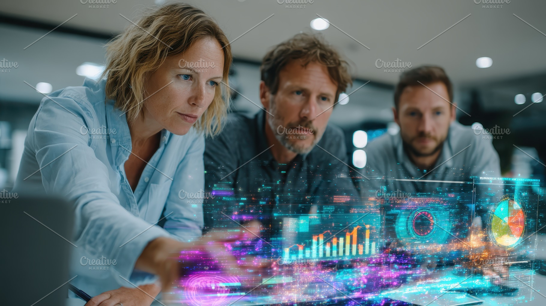 Team analyzing data futuristic inter, a Photo by Pixeness Studio