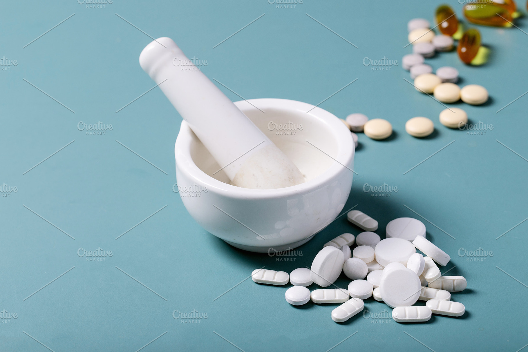Medical pills and capsules containing drugs, tablets, and many, a Food & Drink Photo by RomanDebree