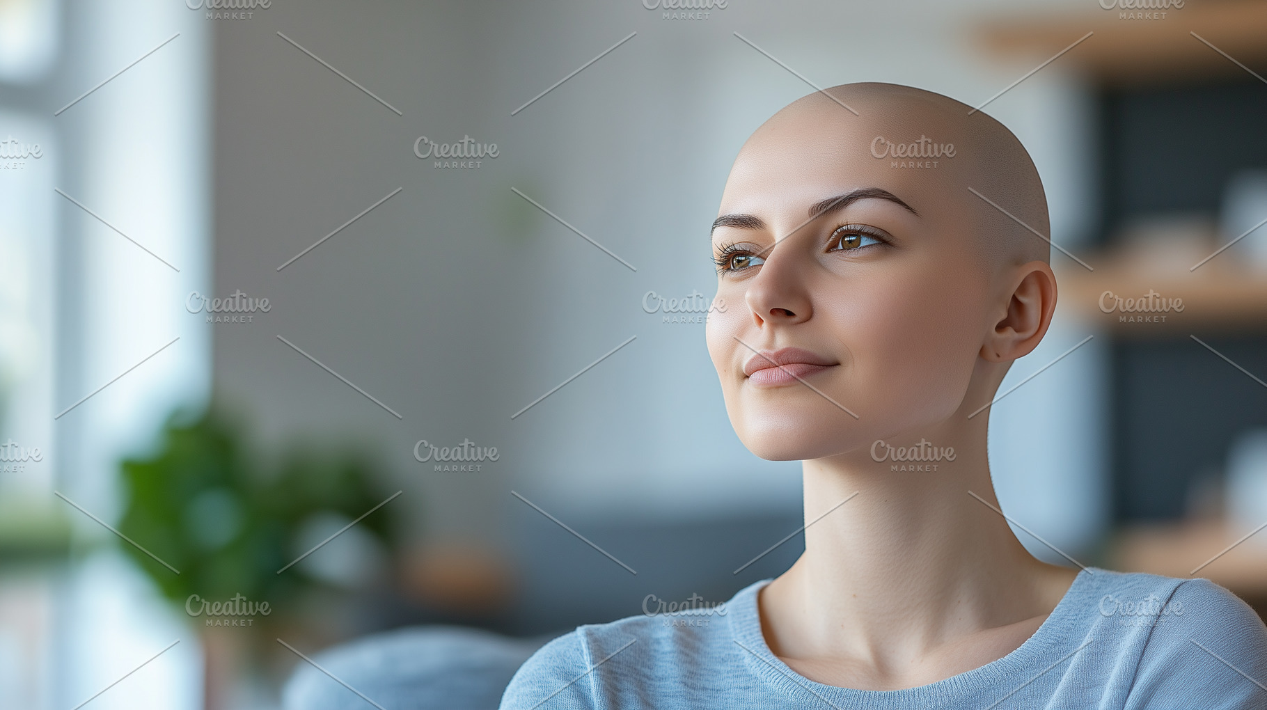 A bald woman wearing light blue, a Person Photo by MistyDay