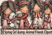 Spring Girl & Animal Friends Clipart, an Illustration by SVGArt (Thumbnail 1 of 7)