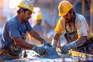 Workers pouring concrete on elevated platform, an Industrial Photo by DanFLCreativo